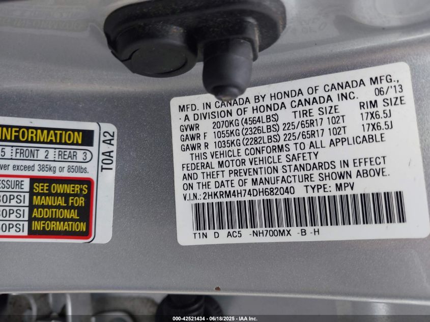 2013 Honda Cr-V Ex-L VIN: 2HKRM4H74DH682040 Lot: 42521434