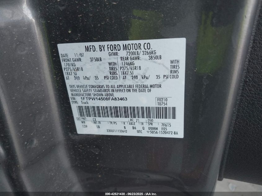 2008 Ford F-150 VIN: 1FTPW145089FA8346 Lot: 42521438