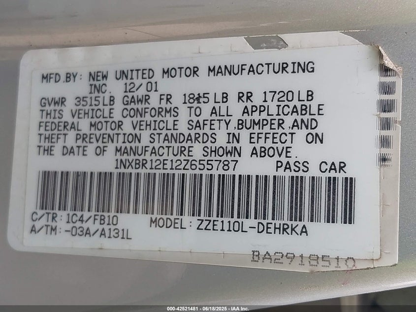 2002 Toyota Corolla Ce VIN: 1NXBR12E12Z655787 Lot: 42521481