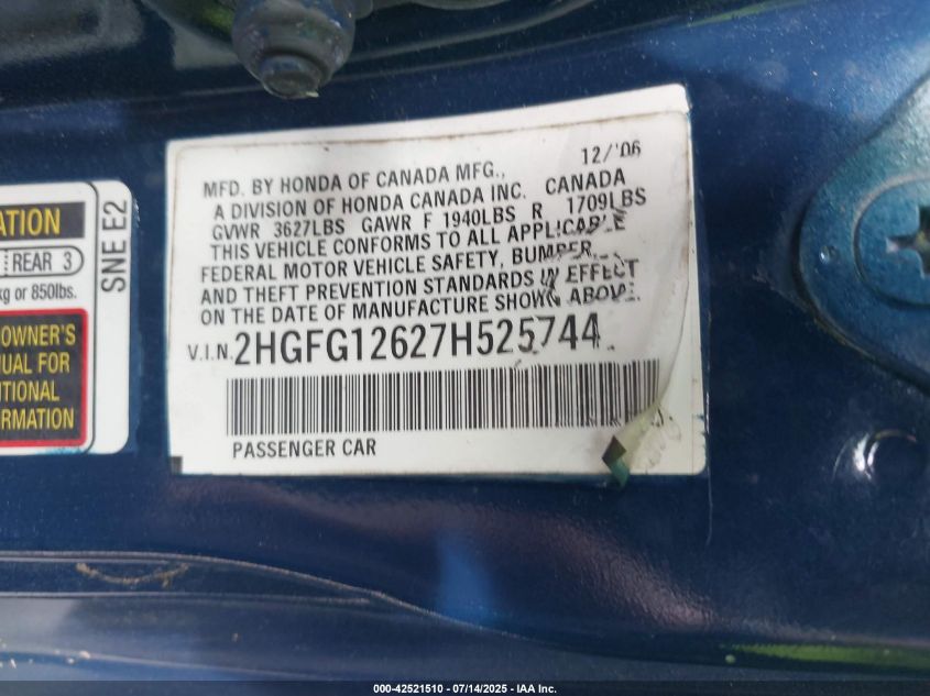 2007 Honda Civic Cpe Ex VIN: 2HGFG11867H536751 Lot: 42521510