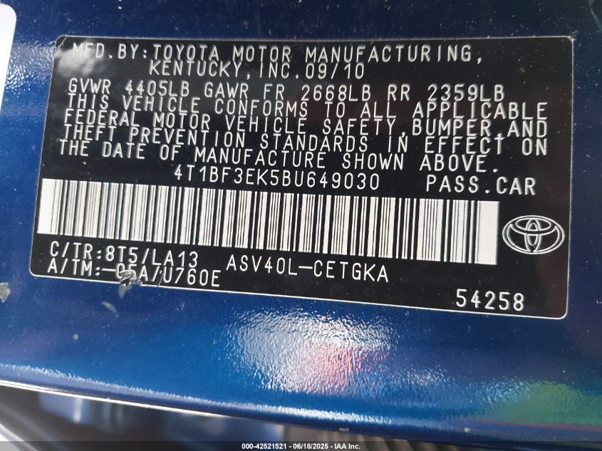 2011 Toyota Camry Xle VIN: 4T1BF3EK5BU649030 Lot: 42521521