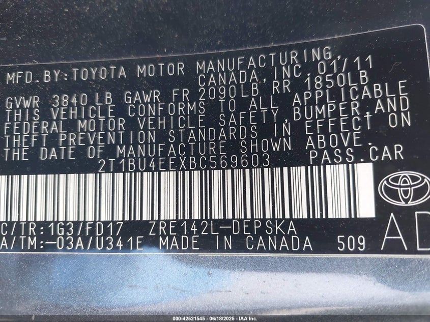 2011 TOYOTA COROLLA VIN: 2T1BU4EEXBC569603