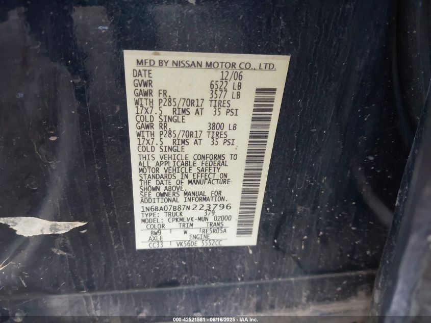 2007 Nissan Titan Le VIN: 1N6BA07B87N223796 Lot: 42521581
