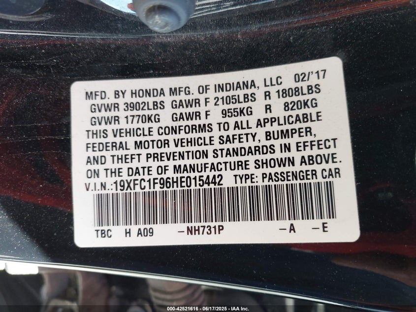 VIN 19XFC1F96HE015442 2017 HONDA CIVIC TOURING