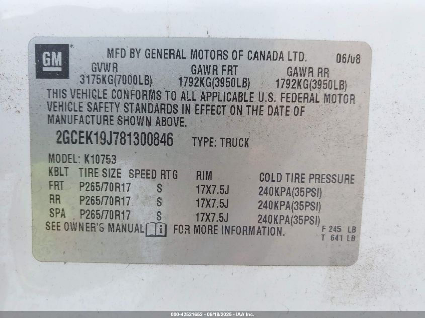 2008 Chevrolet Silverado 1500 Lt1 VIN: 2GCEK19J781300846 Lot: 42521652