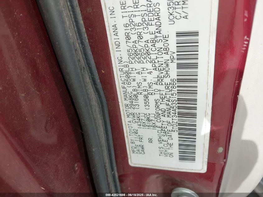 2003 Toyota Sequoia Sr5 V8 VIN: 5TDZT34A53S157866 Lot: 43349160