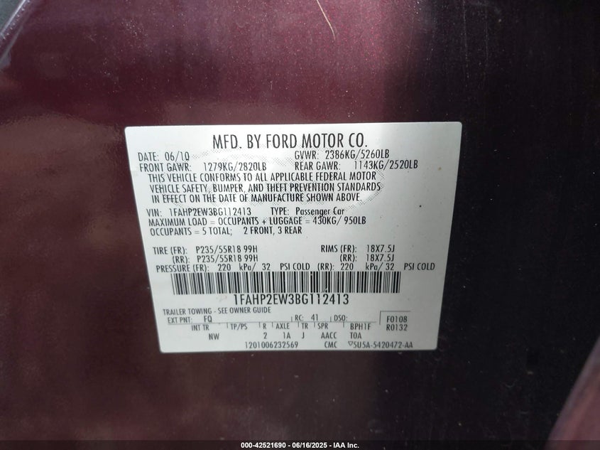 2011 FORD TAURUS VIN: 1FAHP2EW3BG112413