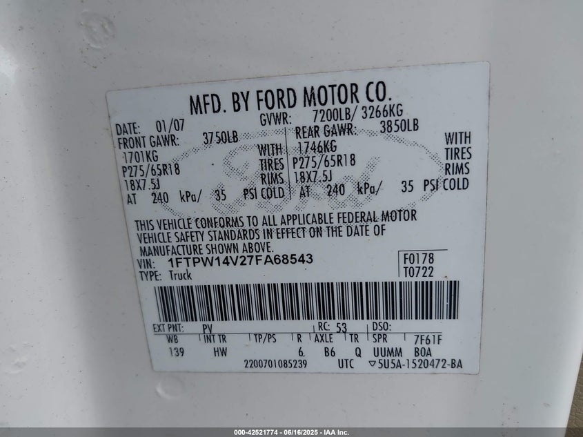 2007 FORD F-150 VIN: 1FTPW14V27FA68543