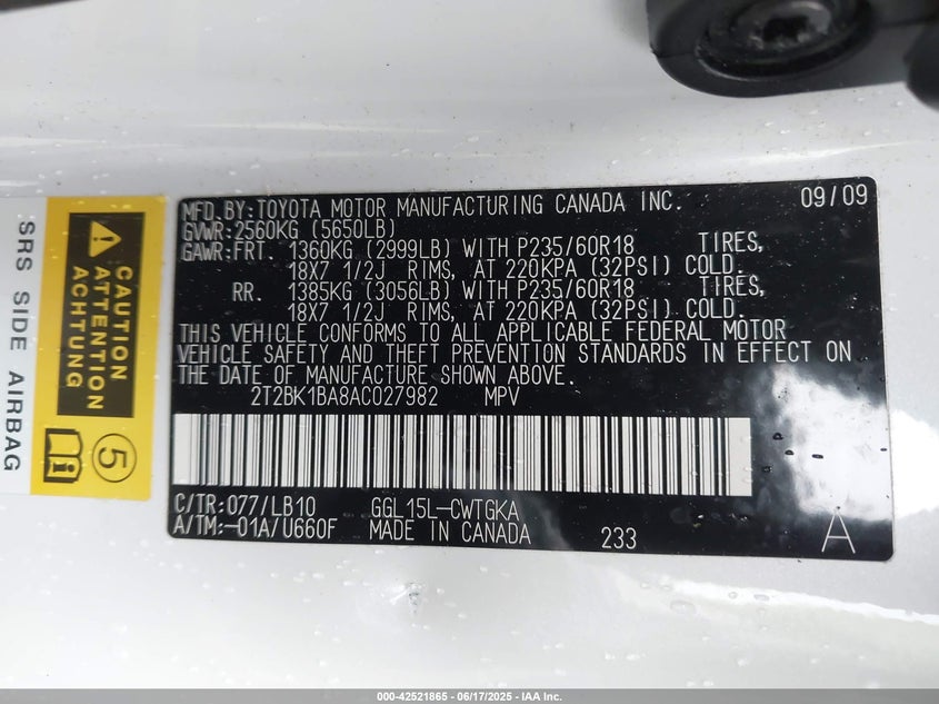 2010 LEXUS RX 350 VIN: 2T2BK1BA8AC027982