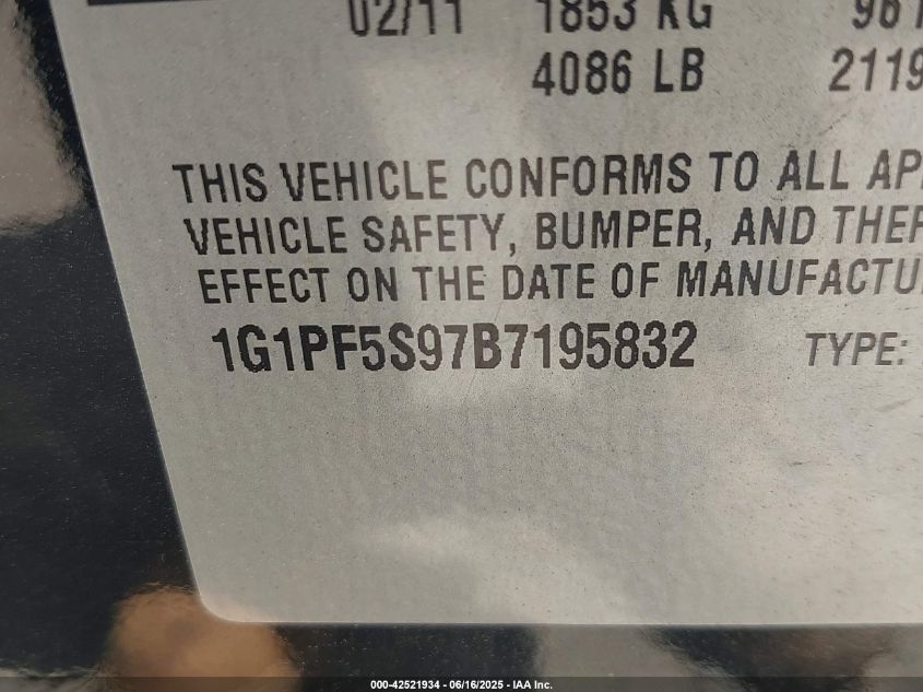 2011 Chevrolet Cruze 1Lt VIN: 1G1PF5S97B7195832 Lot: 42521934