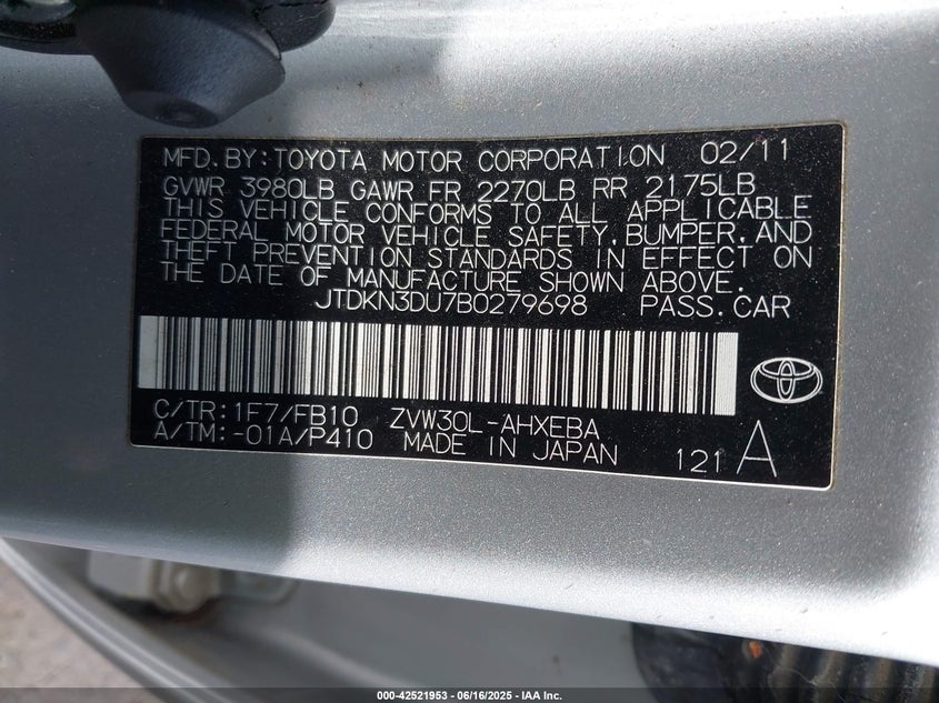 2011 TOYOTA PRIUS VIN: JTDKN3DU7B0279698