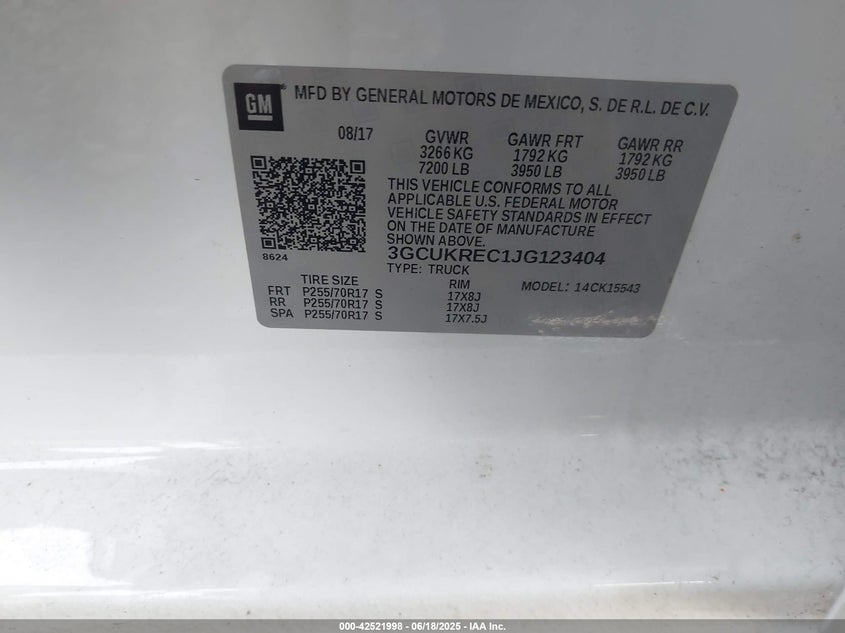 2018 Chevrolet Silverado 1500 1Lt VIN: 3GCUKREC1JG123404 Lot: 42521998