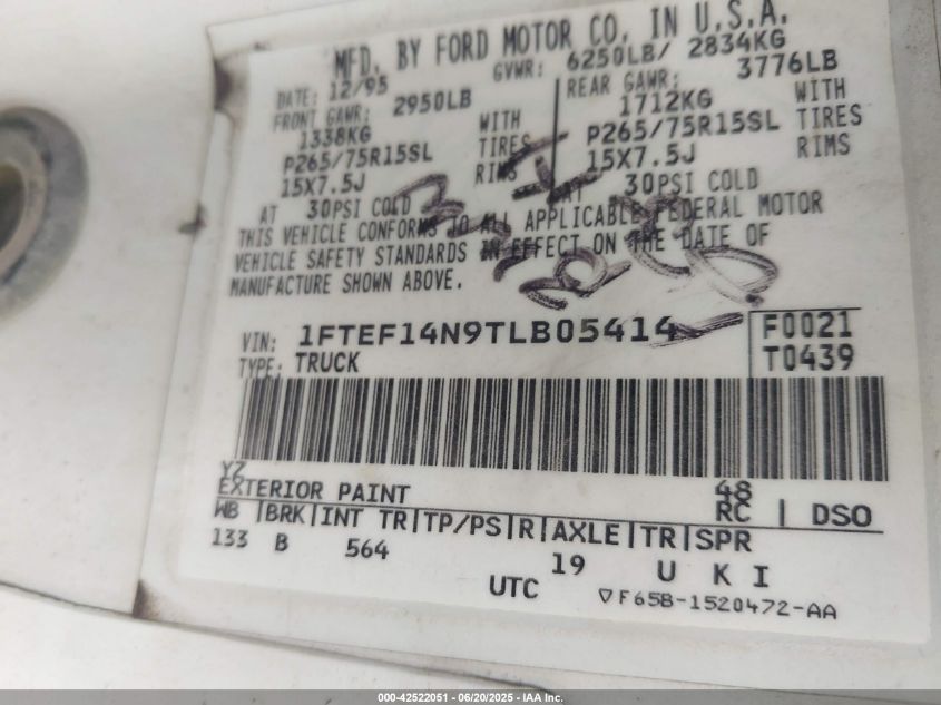 1996 Ford F150 VIN: 1FTEF14N9TLB05414 Lot: 42522051