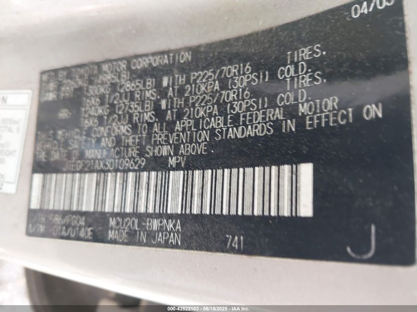 2003 Toyota Highlander V6 VIN: JTEGF21AX30109629 Lot: 42522103