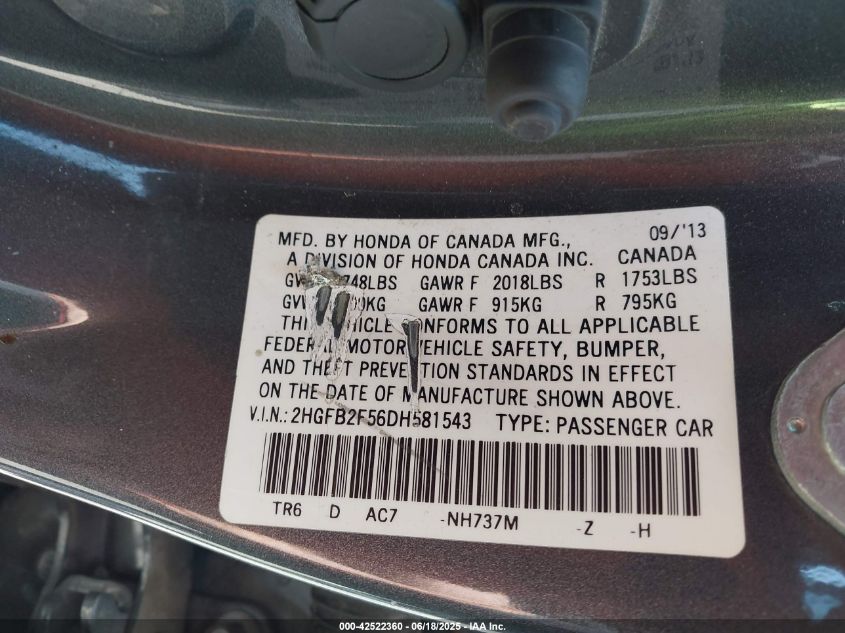 2013 Honda Civic Lx VIN: 2HGFB2F56DH581543 Lot: 42522360