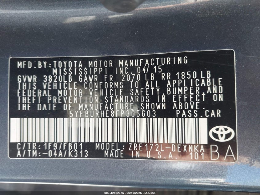 2015 TOYOTA COROLLA LE - 5YFBURHE8FP305603