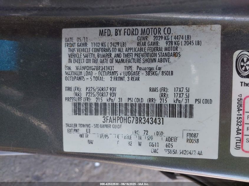 2011 Ford Fusion Se VIN: 3FAHP0HG7BR343431 Lot: 42522530