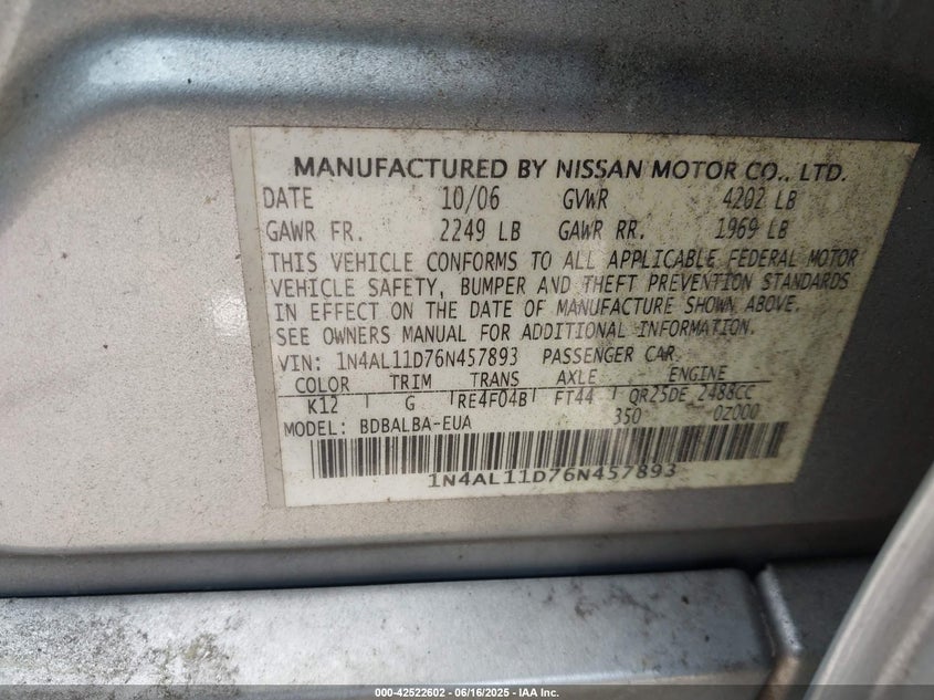 2006 NISSAN ALTIMA VIN: 1N4AL11D76N457893
