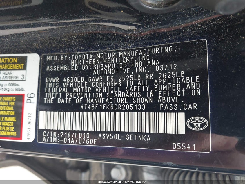 2012 Toyota Camry Le VIN: 4T4BF1FK6CR205133 Lot: 42522642