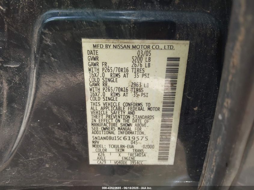 2005 Nissan Xterra S VIN: 5N1AN08U15C619575 Lot: 42522685