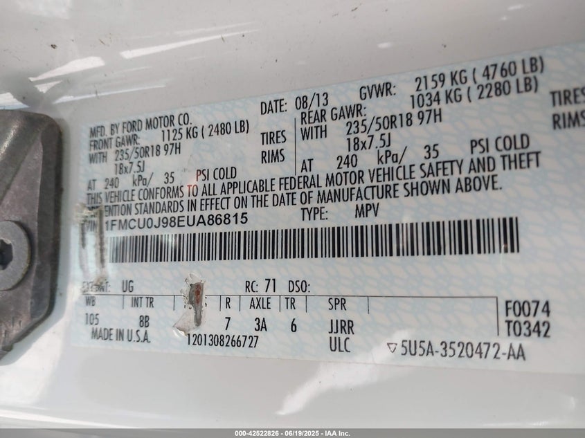 2014 FORD ESCAPE VIN: 1FMCU0J98EUA86815