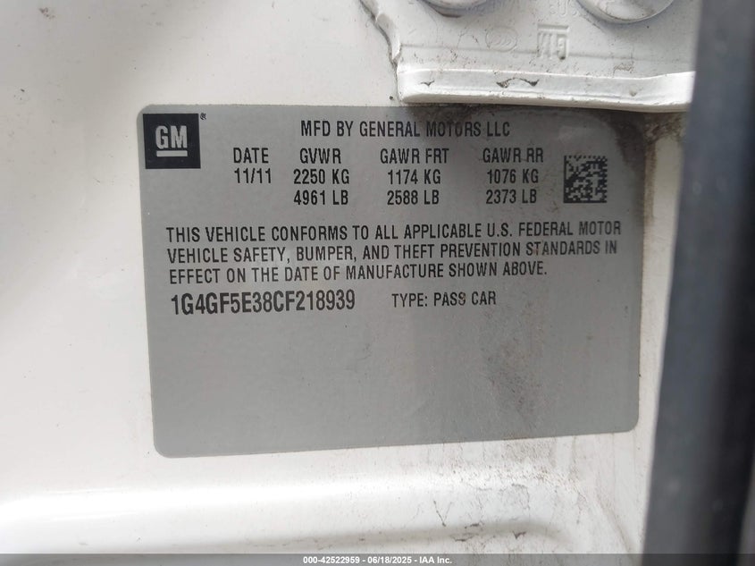 2012 BUICK LACROSSE VIN: 1G4GF5E38CF218939