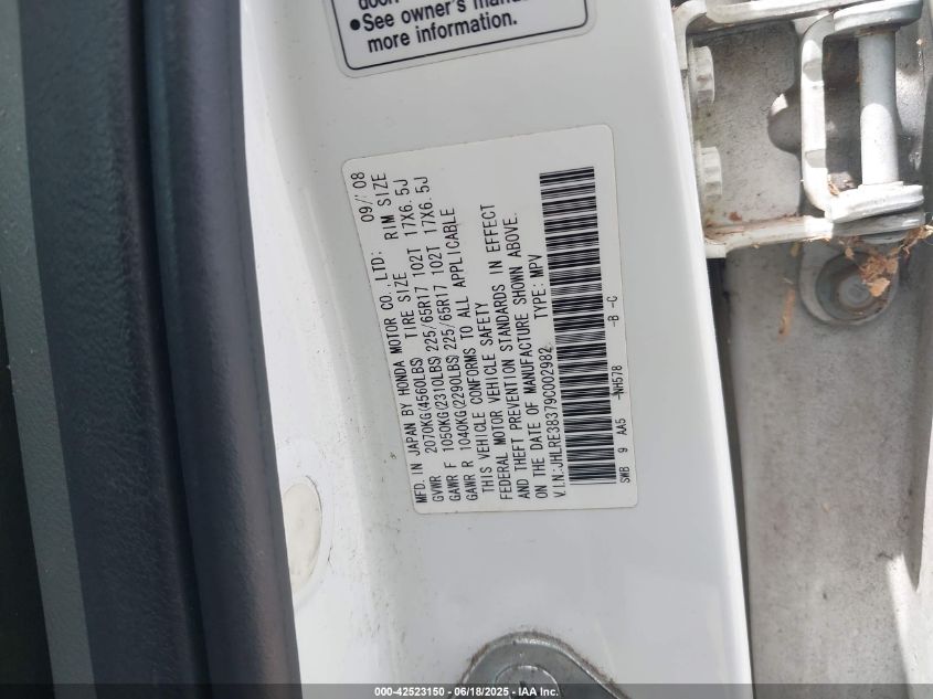 2009 Honda Cr-V Lx VIN: JHLRE38379C002982 Lot: 42523150