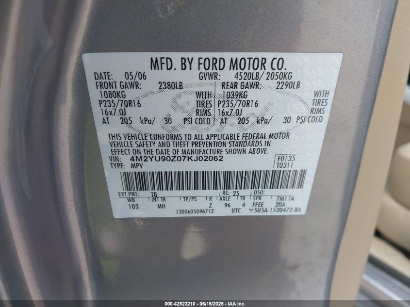 2007 Mercury Mariner Convenience VIN: 4M2YU90Z07KJ02062 Lot: 42523210