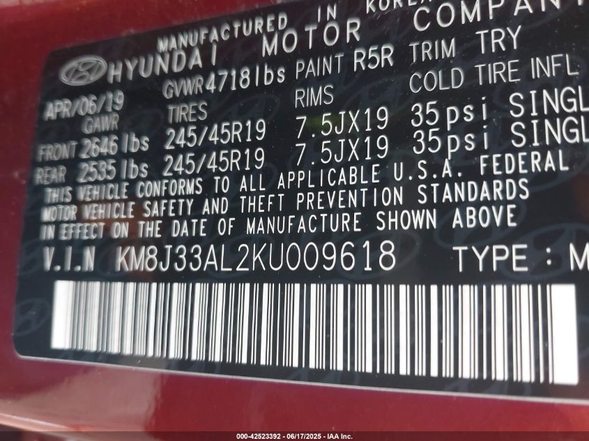 2019 Hyundai Tucson Night VIN: KM8J33AL2KU009618 Lot: 42523392