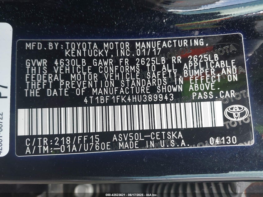 2017 TOYOTA CAMRY VIN: 4T1BF1FK4HU389943