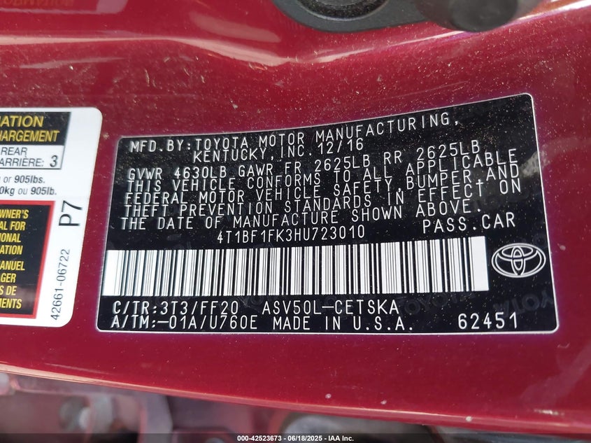 2017 TOYOTA CAMRY VIN: 4T1BF1FK3HU723010