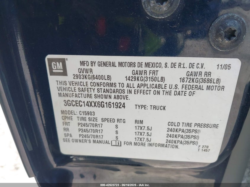 2006 CHEVROLET SILVERADO 1500 VIN: 3GCEC14XX6G161924