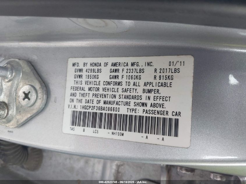 2011 Honda Accord 2.4 Lx VIN: 1HGCP2F36BA086600 Lot: 42523745