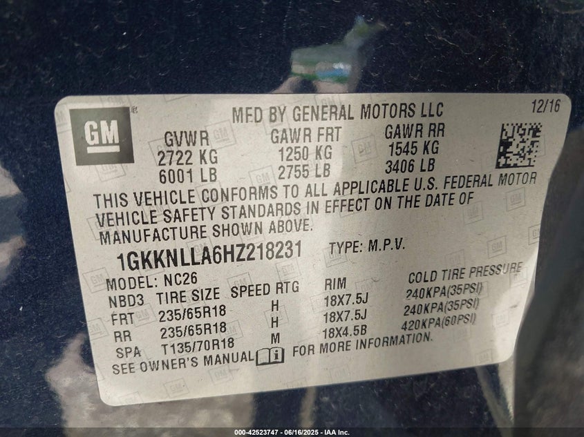 2017 GMC ACADIA SLE - 1GKKNLLA6HZ218231