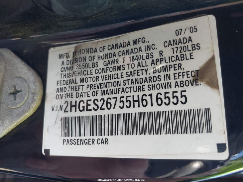 2005 Honda Civic Ex VIN: 2HGES26755H616555 Lot: 42523757