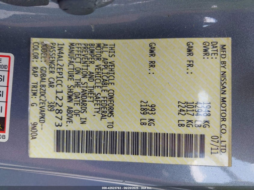 2012 NISSAN ALTIMA VIN: 1N4AL2EP1CC122873