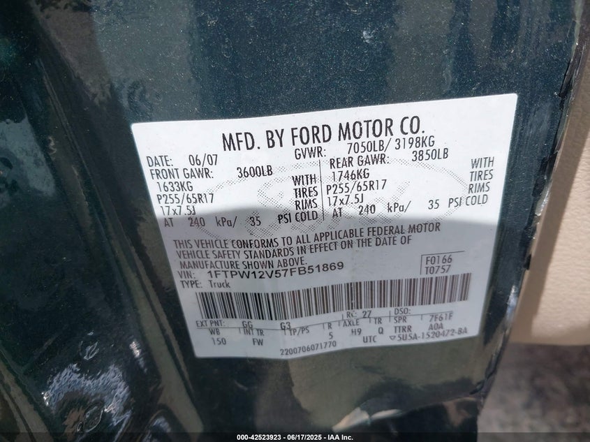 2007 FORD F-150 VIN: 1FTPW12V57FB51869