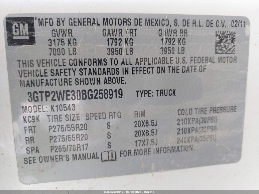 2011 GMC Sierra 1500 Slt VIN: 3GTP2WE30BG258919 Lot: 42524010