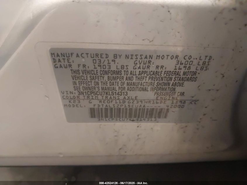 2019 Nissan Kicks Sv VIN: 3N1CP5CU7KL514313 Lot: 42524126