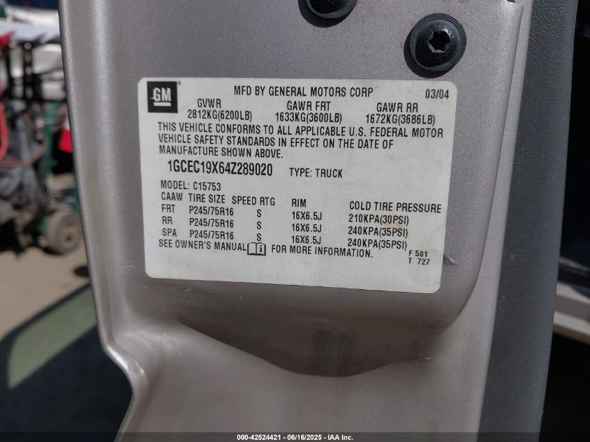 2004 Chevrolet Silverado 1500 Work Truck VIN: 1GCEC19X64Z289020 Lot: 42524421