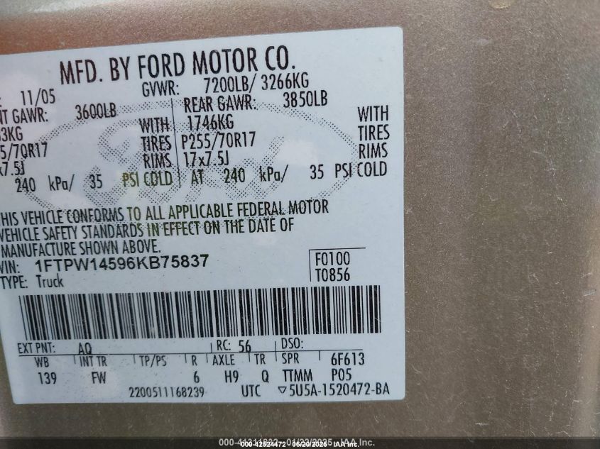 2006 Ford F-150 Fx4/Lariat/Xlt VIN: 1FTPW14596KB75837 Lot: 42524472