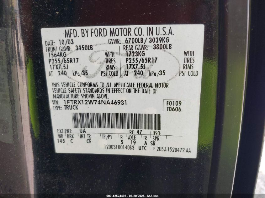 2004 Ford F-150 Stx/Xl/Xlt VIN: 1FTRX12W74NA46931 Lot: 42524495