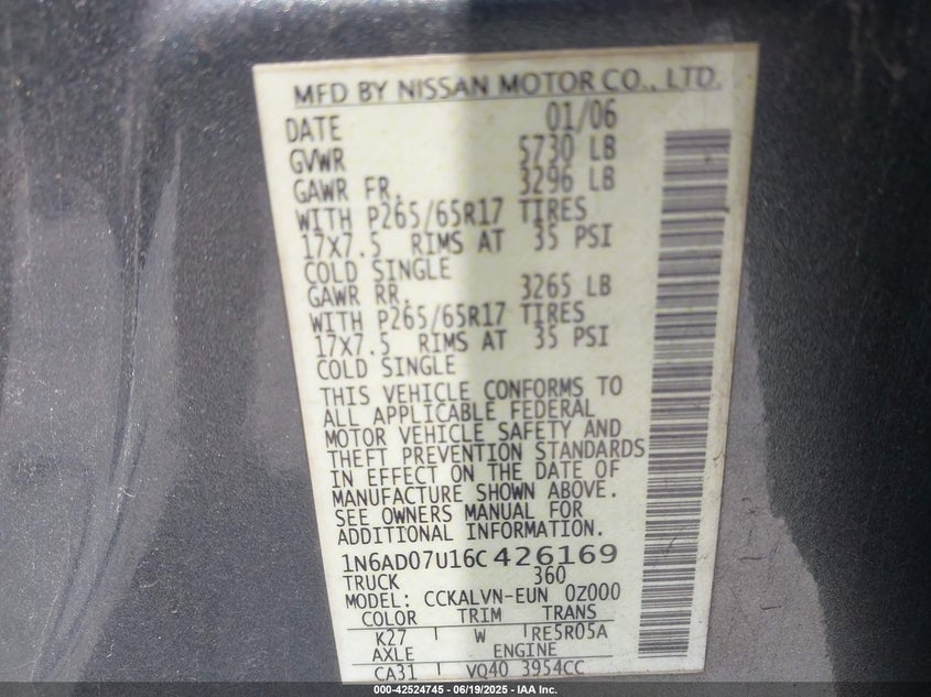 2006 NISSAN FRONTIER VIN: 1N6AD07U16C426169