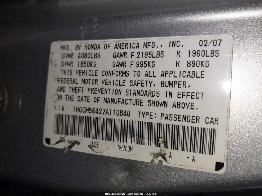 2007 HONDA ACCORD VIN: 1HGCM56427A110840