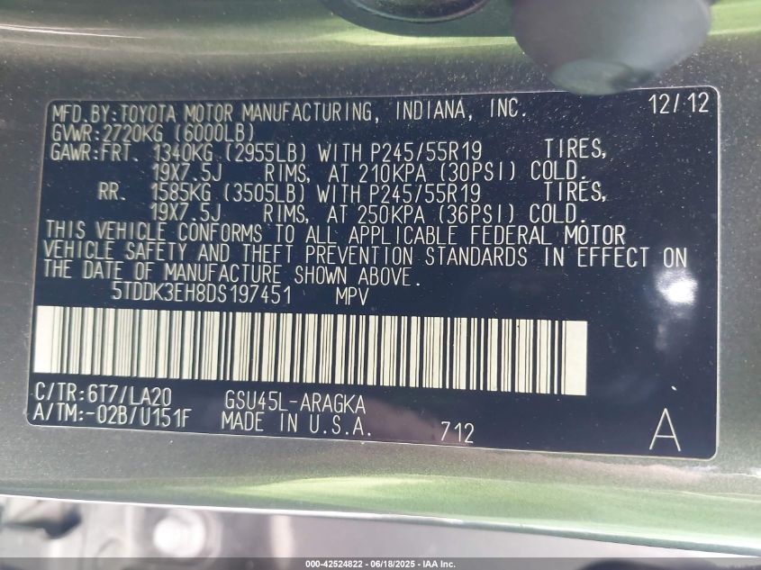 2013 Toyota Highlander Limited V6 VIN: 5TDDK3EH8DS197451 Lot: 42524822