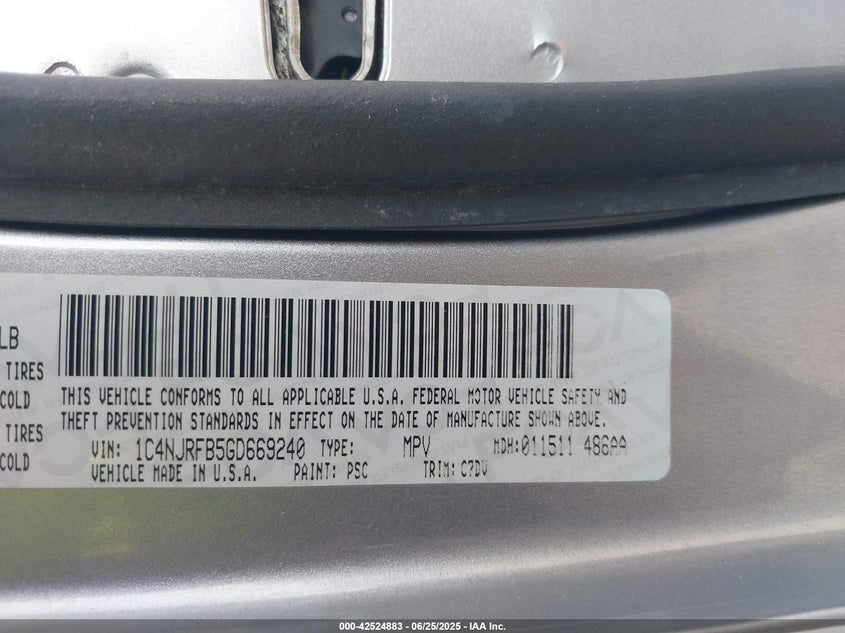 2016 JEEP PATRIOT VIN: 1C4NJRFB5GD669240