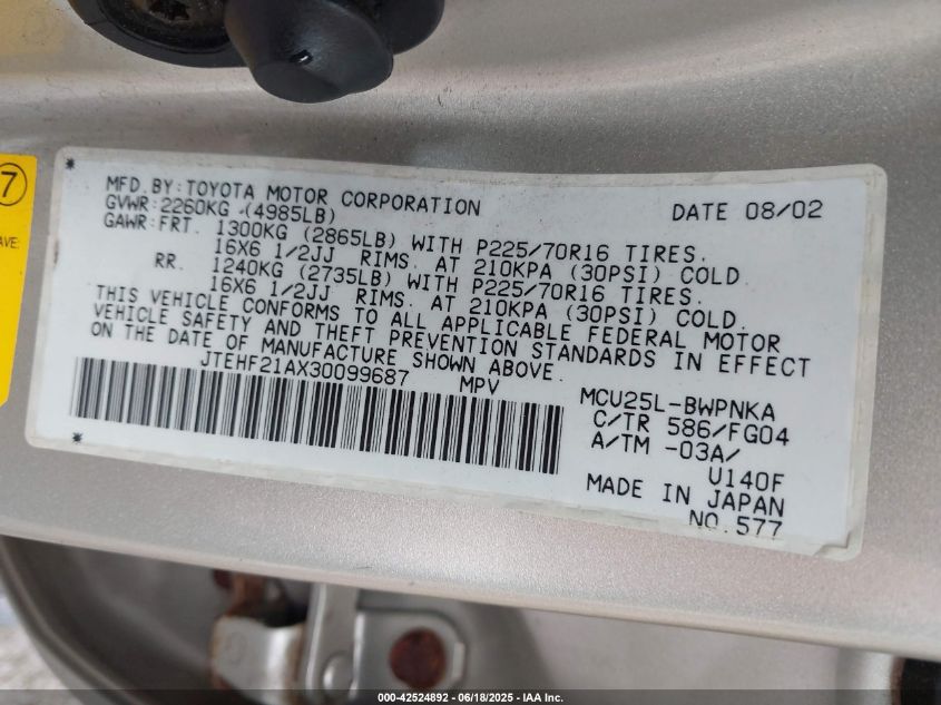 2003 Toyota Highlander V6 VIN: JTEHF21AX30099687 Lot: 42524892