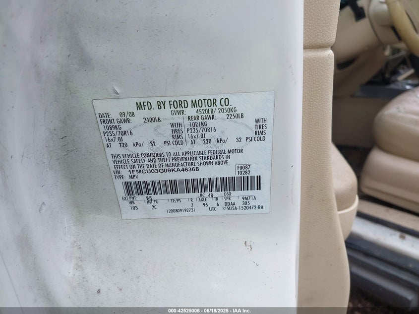 2009 FORD ESCAPE VIN: 1FMCU03G09KA46368