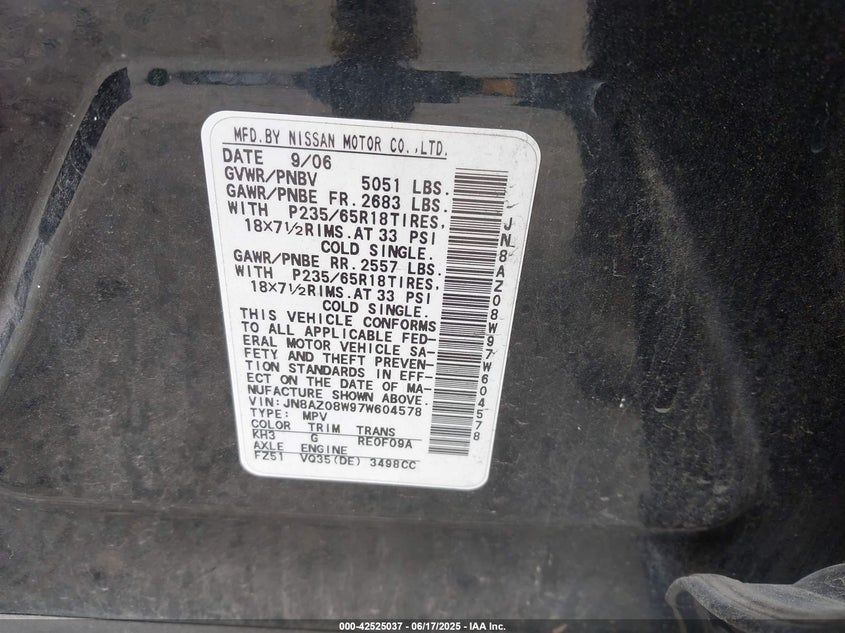 2007 Nissan Murano S VIN: JN8AZ08W07W604578 Lot: 42525037