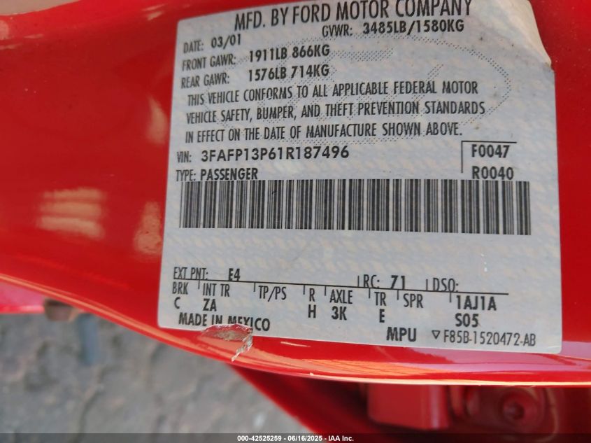 2001 Ford Escort VIN: 3FAFP13P61R187496 Lot: 42525259